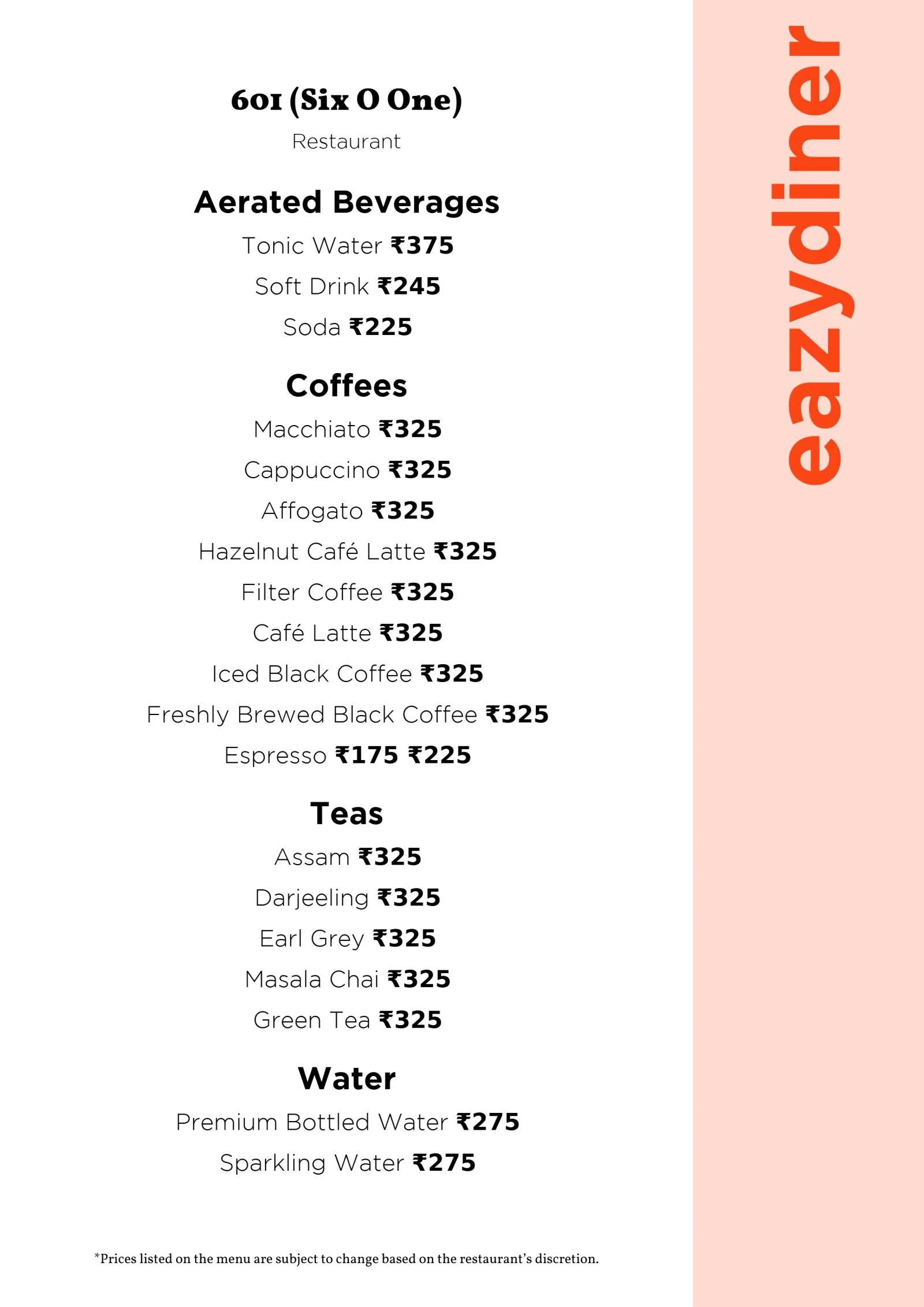 601 restaurant beverage menu listing coffees, teas, waters, and aerated drinks with prices., six 'o' one, chennai