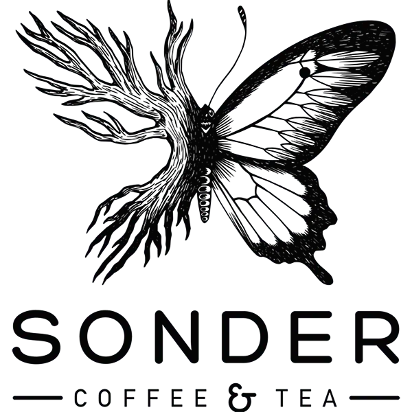 surreal butterfly with flowering plant wings, "sonder coffee & tea" text below., sonder coffee & tea, aurora