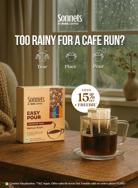 sonnets coffee package and tea bag brewing in glass cup by rainy window., sonnet coffee, orlando