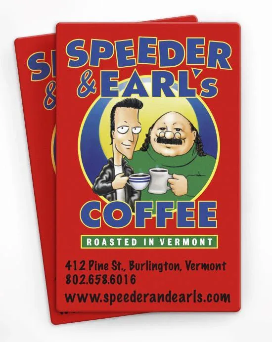 red coffee brand packaging featuring two cartoon characters holding cups together., speeder & earl's coffee, vermont