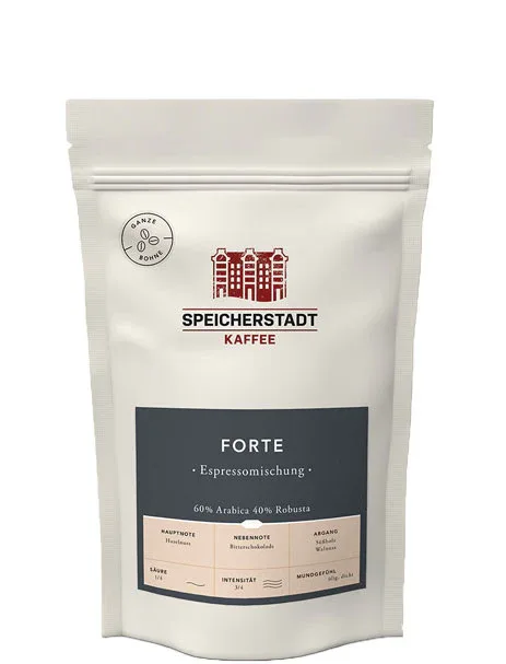 speicherstadt kaffee forte espresso blend coffee bag with tasting notes displayed., speicherstadt coffee roastery, hamburg