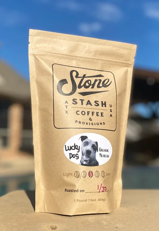 stone stash coffee bag featuring lucky dog organic mazaan blend, one pound package., stone stash coffee, austin