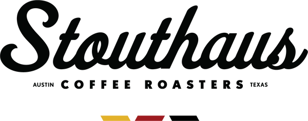 stouthaus coffee roasters logo with austin, texas location text and three colored bars., stouthaus coffee roasters, austin