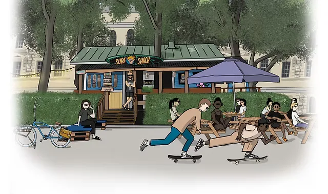 urban park scene with food cart, skateboarders, cyclists, and pedestrians relaxing outdoors., surf shack cocktail bar, turku