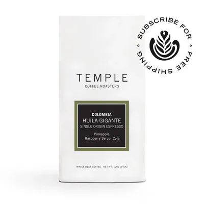 temple coffee roasters colombia huila gigante whole bean coffee package with subscription badge., tea temple, bogotá