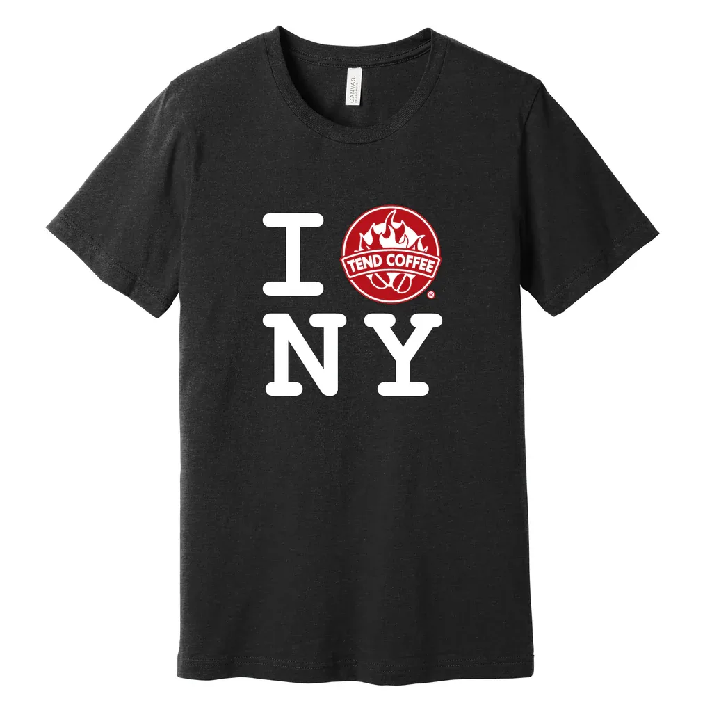 black t-shirt with "i" heart "ny" text and tend coffee logo., tend coffee, new york