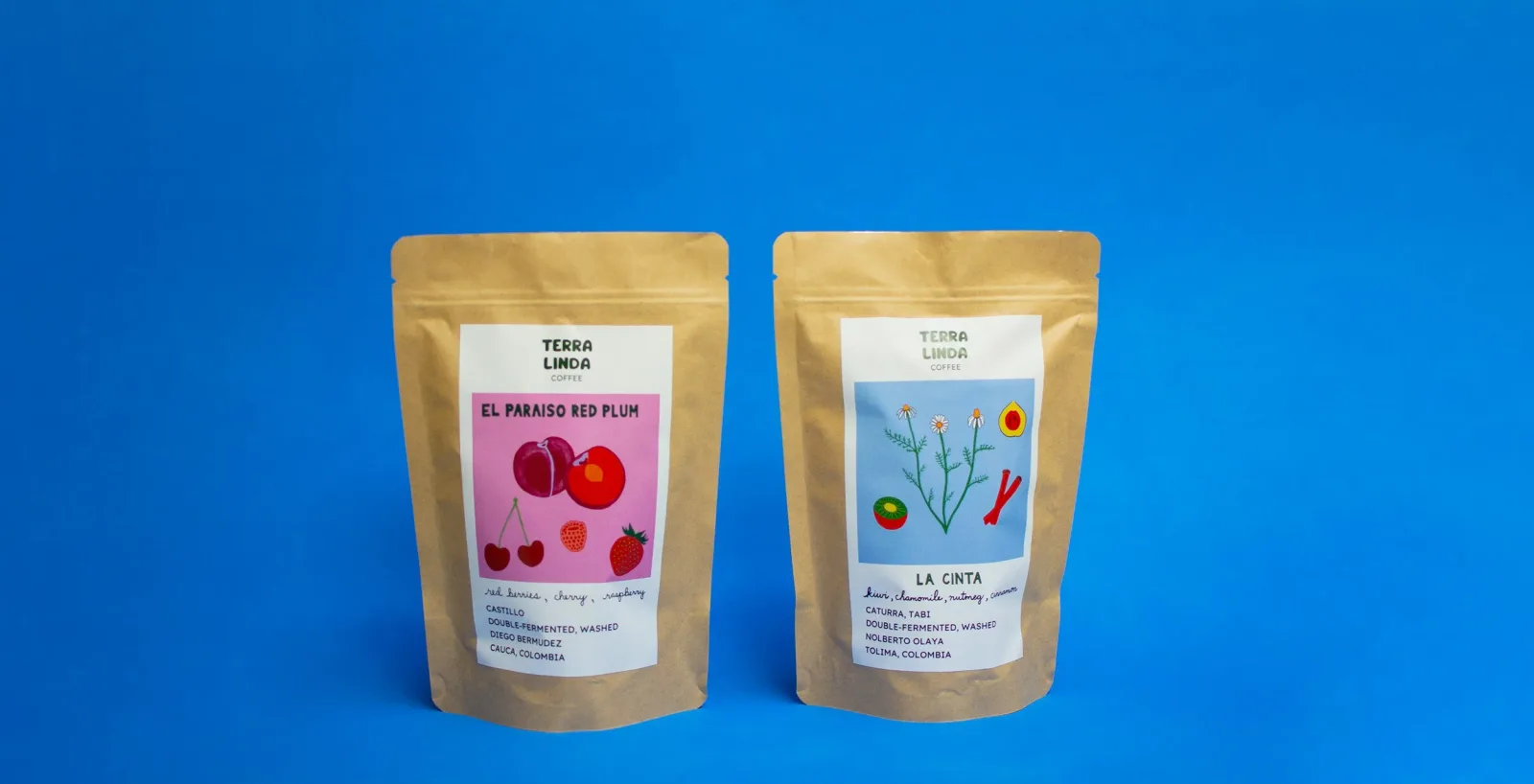 two terra linda coffee bags with colorful illustrated labels on blue background., terra linda coffee, san francisco