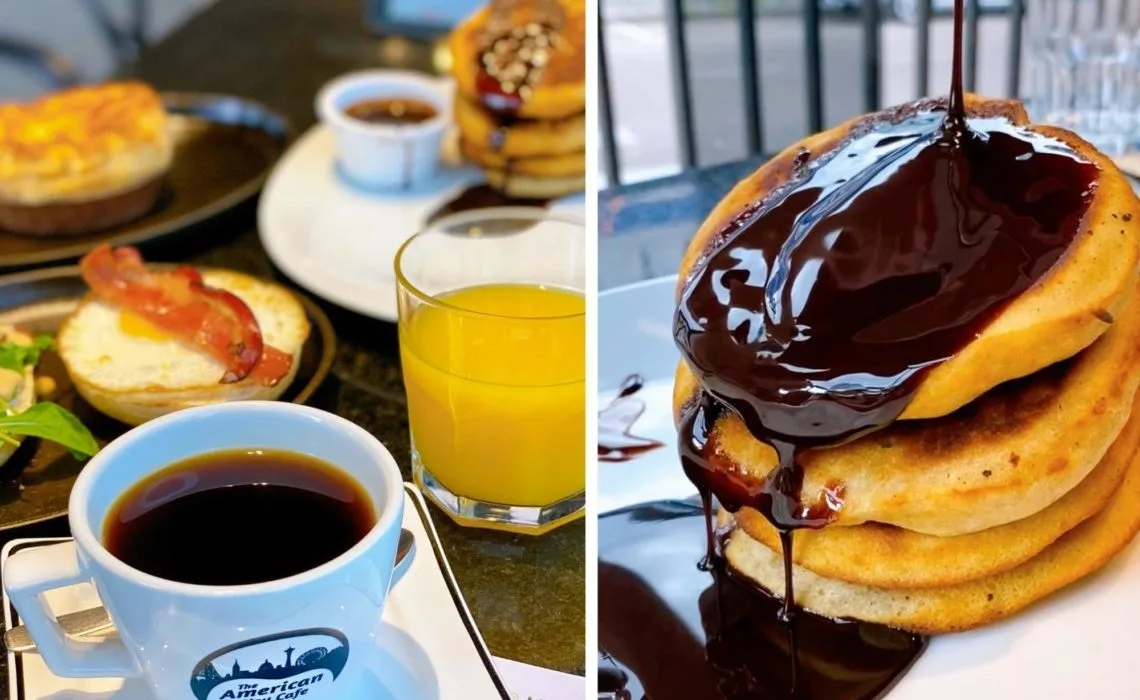 left: breakfast spread with coffee, juice, bacon and eggs. right: stack of pancakes with chocolate syrup dripping., the ameri