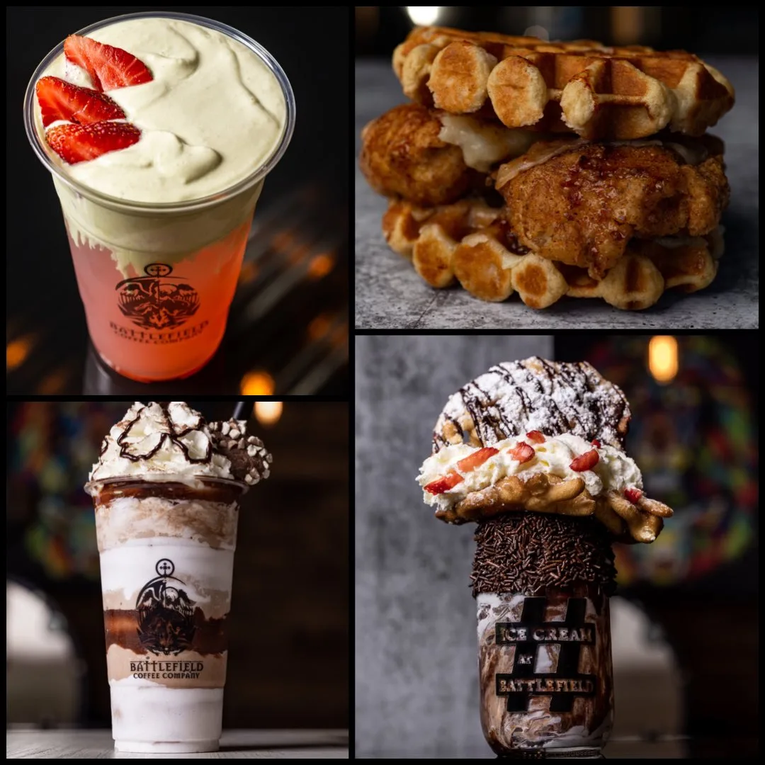 battlefield coffee company beverages and desserts: strawberry drink, waffles, layered coffee, chocolate ice cream cone., the 