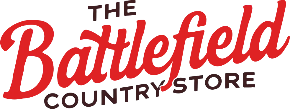the battlefield country store logo in red and dark brown lettering., the battlefield country store, fredericksburg