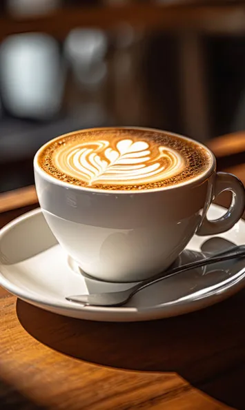 latte with heart latte art in white cup on wooden table., the butcher shoppe / big oak cafe, chambersburg
