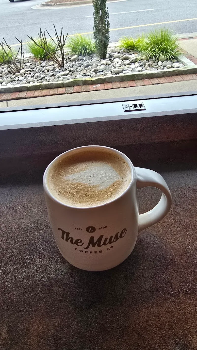 coffee mug from the muse coffee co. sits on windowsill overlooking street., the muse coffee company & roastery, raleigh