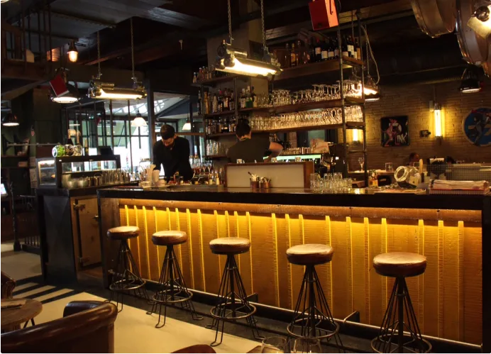 upscale bar interior with illuminated counter, bar stools, and well-stocked shelving., the place to...wagram - restaurant pub