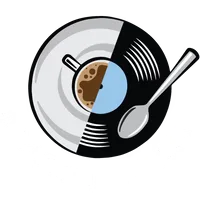 vinyl record with coffee cup and spoon, representing music and beverage culture., the roasted record coffee and vinyl, port s