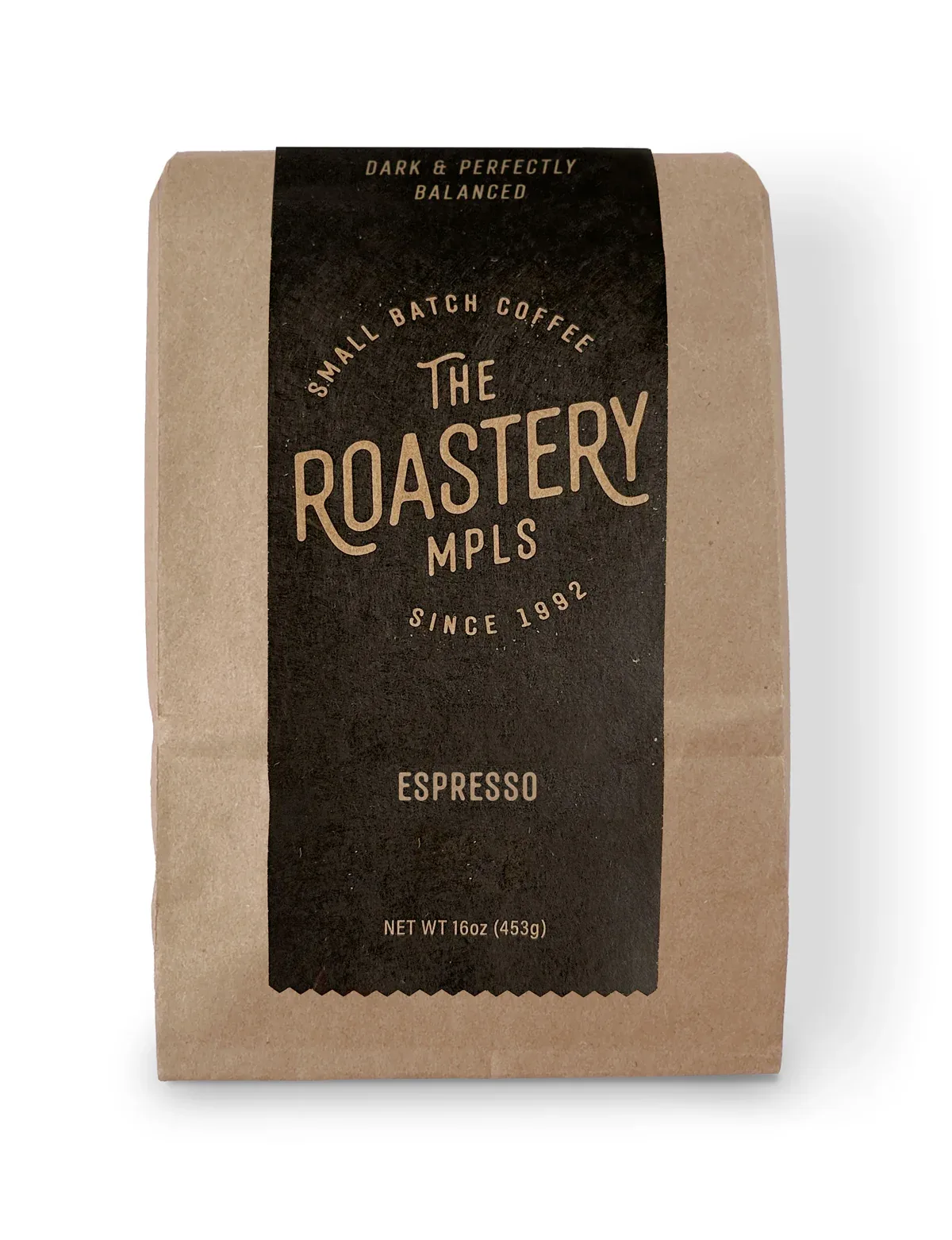 the roastery mpls espresso coffee bag, small batch, dark and perfectly balanced., the roastery, minnesota