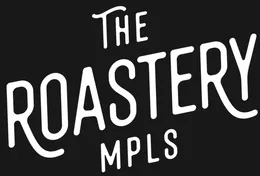 white text logo reading "the roastery mpls" on black background., the roastery, minnesota