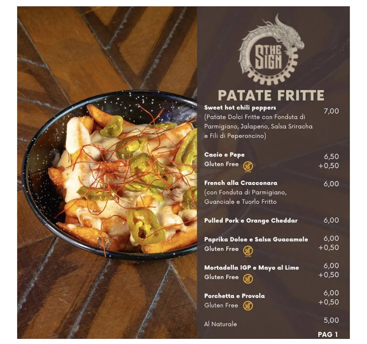 restaurant menu featuring fried potato dishes with pricing and wooden table backdrop., the sign 2.0 - medieval fantasy pub & 