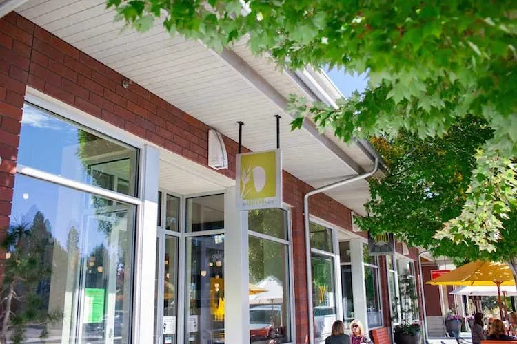 red brick storefronts with large windows, ivy-covered exterior, sunny pedestrian shopping street., the sparrow bakery northwe