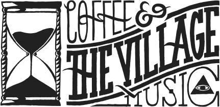 hourglass illustration alongside "coffee & the village music" text logo design., the village coffee & music, utrecht