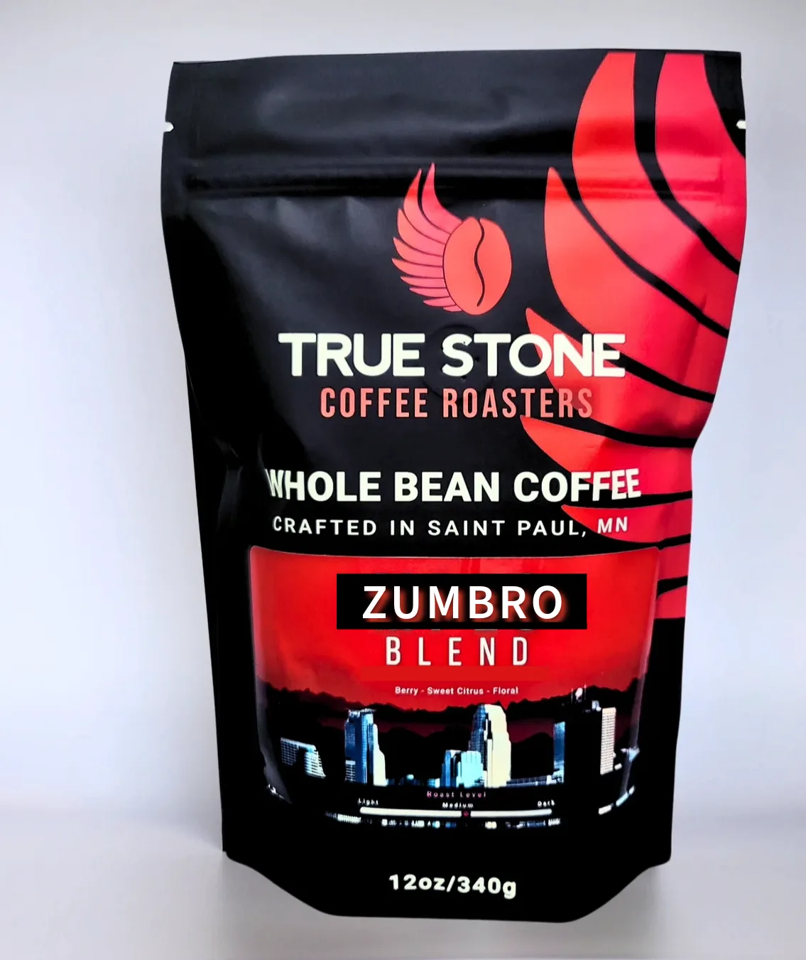 true stone coffee roasters whole bean zumbro blend package, 12oz/340g, black and red design., the zumbro cafe, minnesota