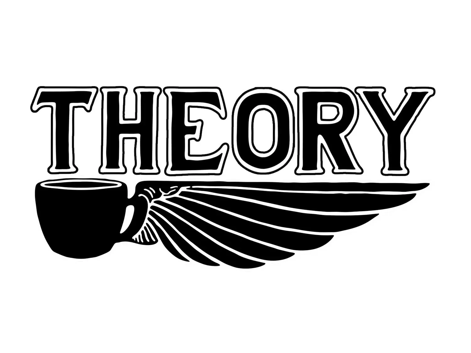 bold "theory" text with winged coffee cup logo design below., theory coffee company, san antonio