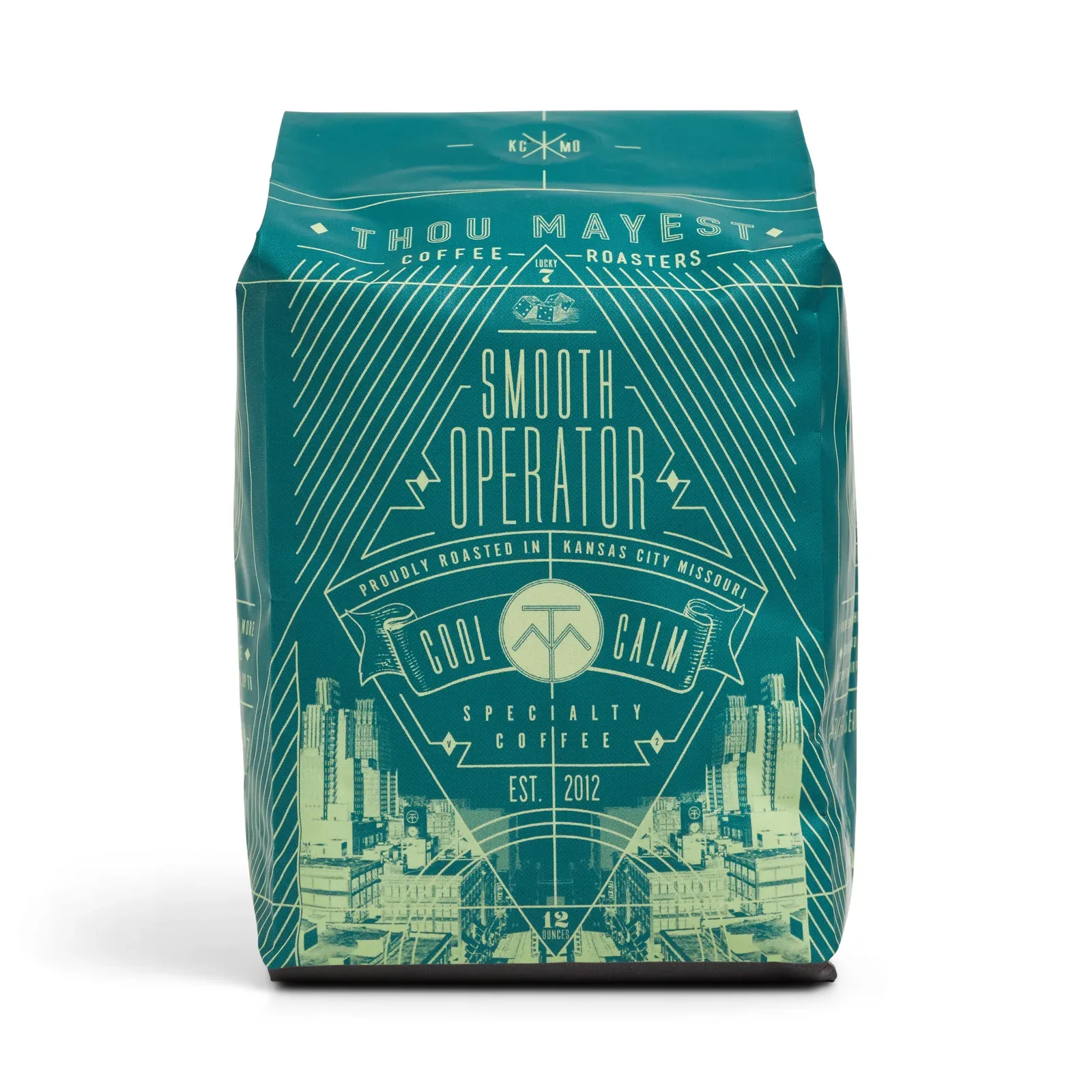 teal coffee bag with "smooth operator" branding and kansas city skyline illustration., thou mayest coffee roasters, kansas ci