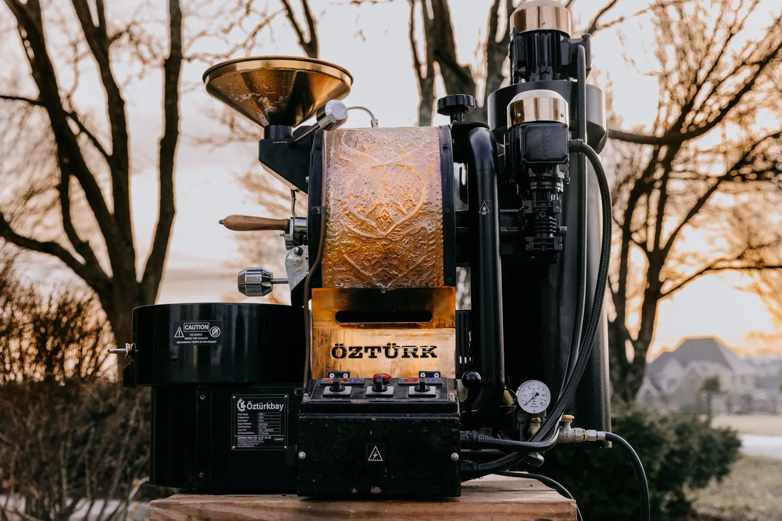 professional öztürk coffee roaster with drum, cooling tray, and equipment outdoors., tincan coffee co. llc, lexington