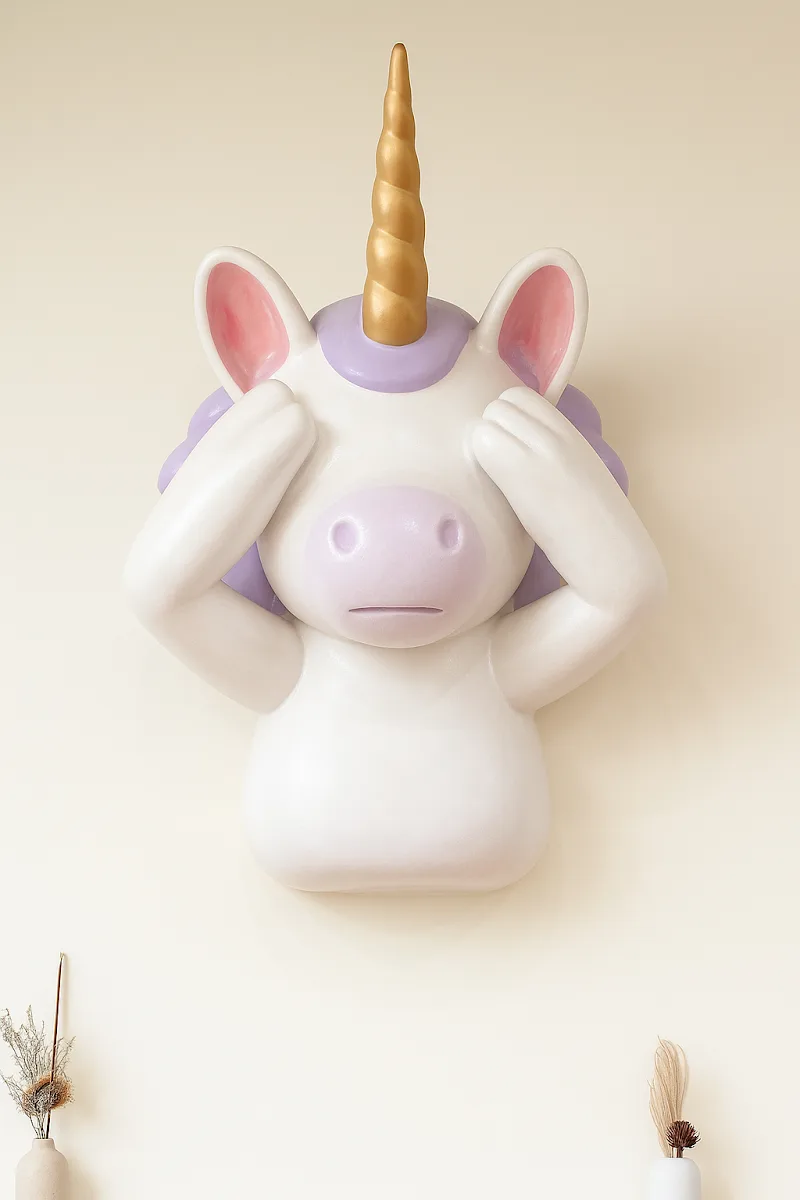 pastel unicorn figurine with gold horn, pink ears, covering face with hands., unicorn coffee, taipei