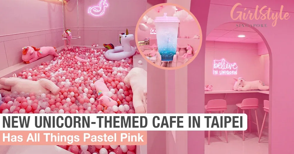 pink unicorn-themed cafe with ball pit, neon signs, and pastel decor throughout., unicorn coffee, taipei