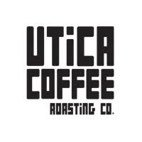black and white logo for utica coffee roasting company with bold typography., utica coffee roasting co., utica