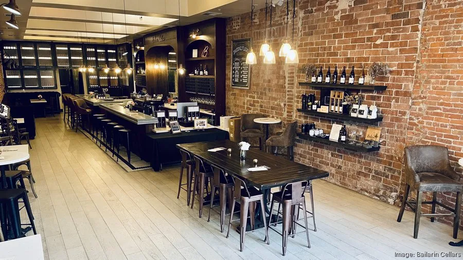 modern wine bar with exposed brick, dark wood counters, and product displays., valiant coffee, auburn