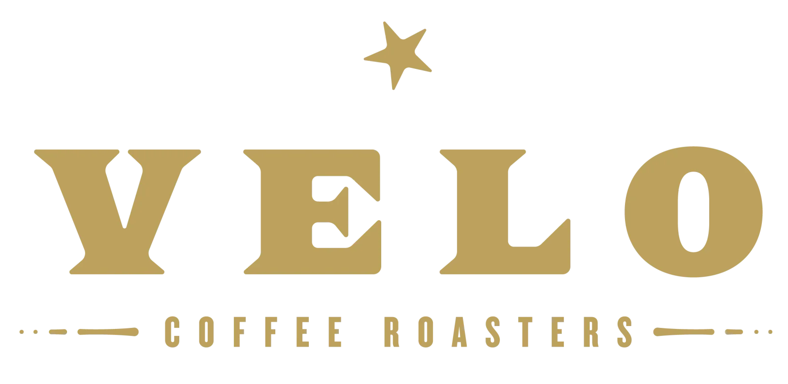 gold letters spelling "velo" with a star above and "coffee roasters" text below., velo coffee roasters, chattanooga