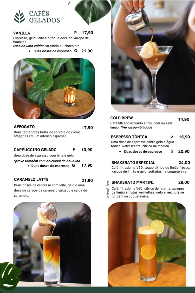 menu page displaying gelato coffee drinks with prices, descriptions, and preparation photos., verdê cafés - mercês, curitiba