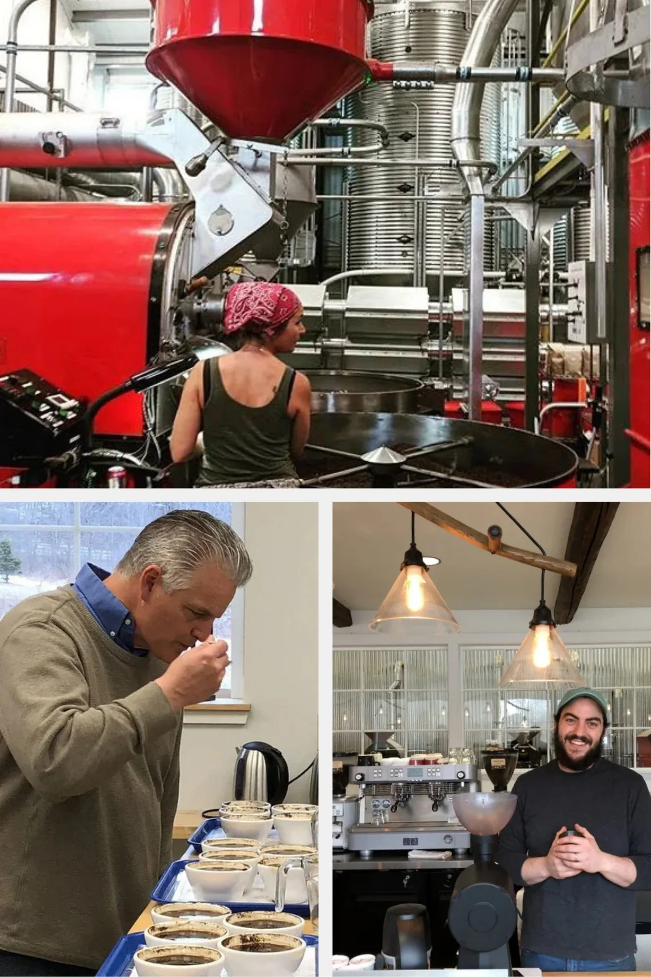 coffee roasting facility and cupping sessions with industrial equipment and tasting activities., vermont artisan coffee and t