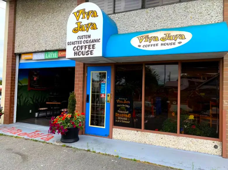 viva jaya custom roasted organic coffee house storefront with blue awning and signage., viva java., richmond