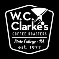 w.c. clarke's coffee roasters logo featuring roasting scoop, state college pa, established 1977., w. c. clarke's coffee roast
