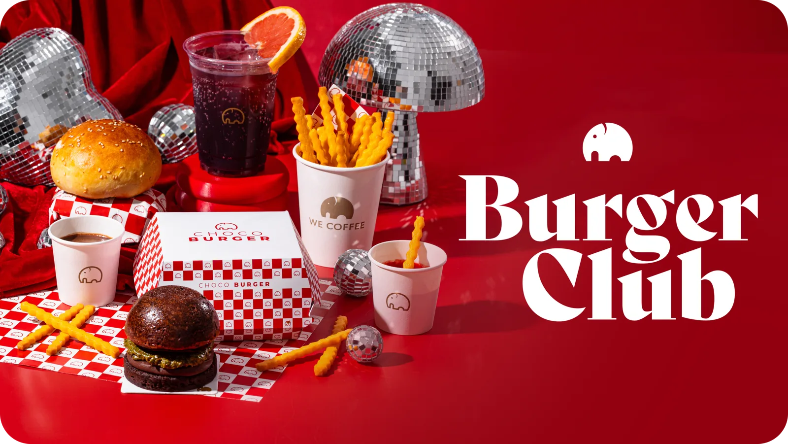 burger club branding displayed with burgers, fries, drinks, and disco balls on red background., we coffee, santo andré