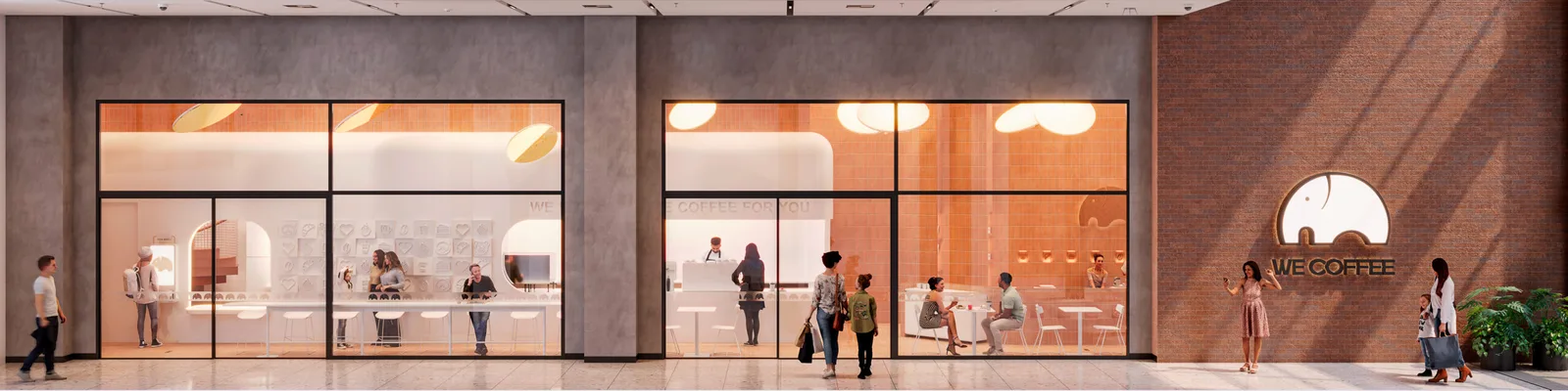 modern coffee shop storefront with illuminated windows and customers visible inside and outside., we coffee tamboré, barueri