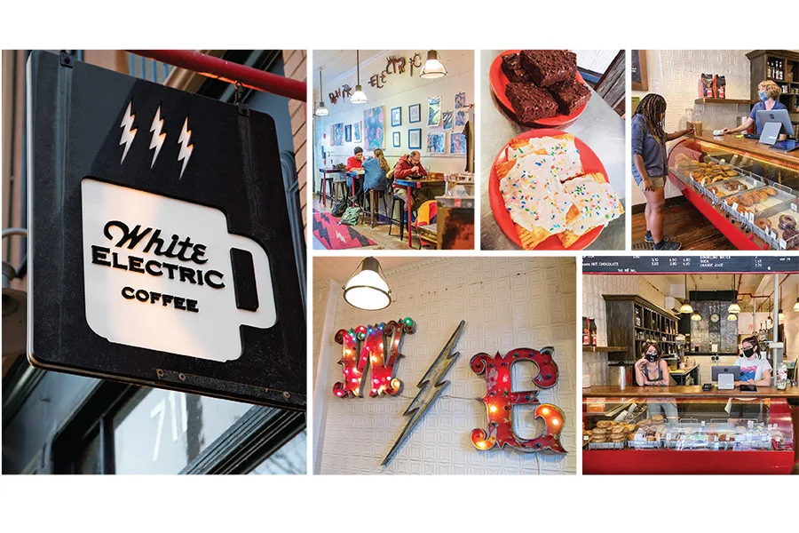white electric coffee shop storefront sign, interior cafe spaces, baked goods, and illuminated retro signage., white electric