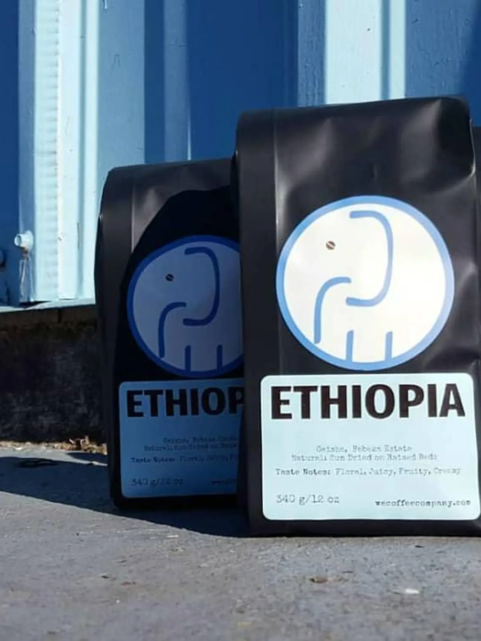 two black coffee bags labeled ethiopia with elephant logos displayed outdoors., white elephant coffee company, texas