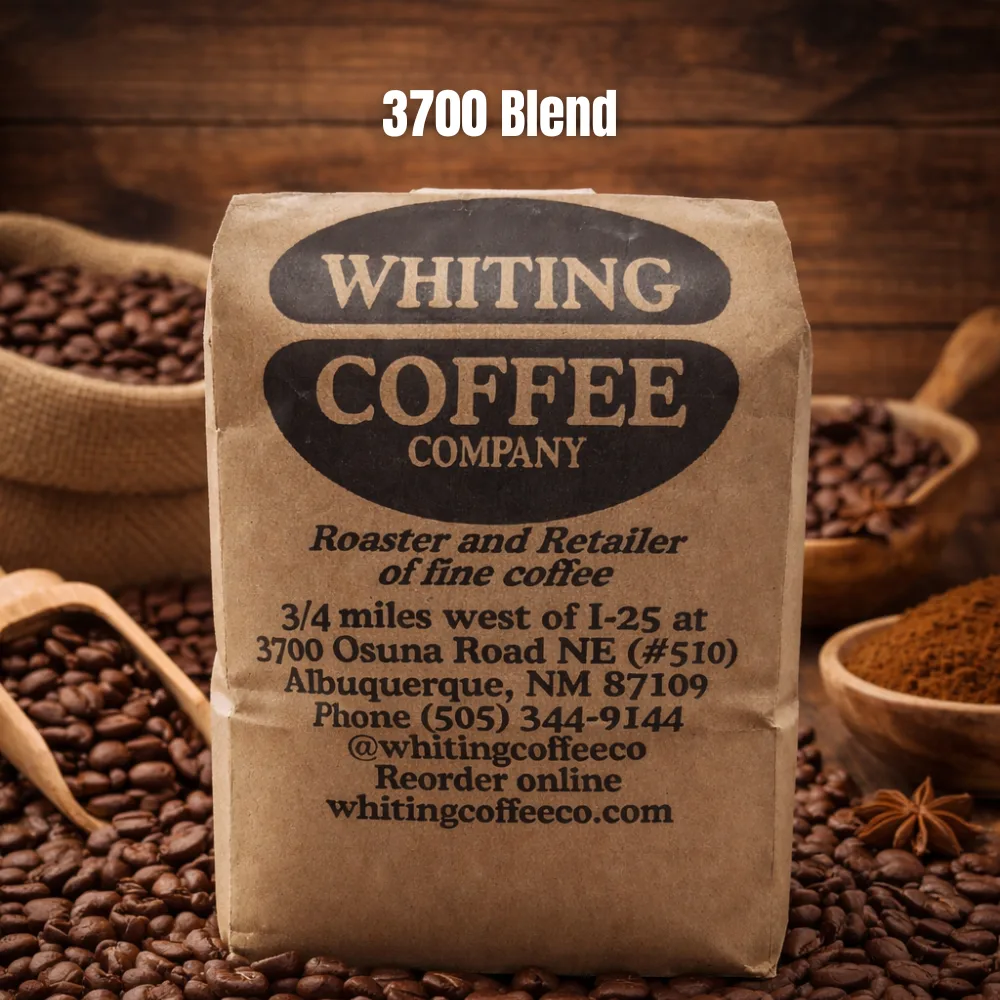 coffee bag from whiting coffee company surrounded by roasted beans and ground coffee., whiting coffee co., albuquerque