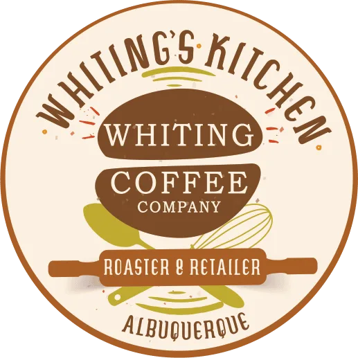 whiting coffee company logo featuring a brown coffee cup with decorative leaves and rolling pin., whiting coffee co., albuque