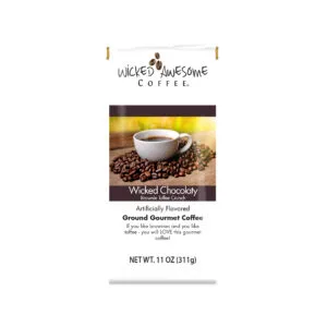 wicked awesome coffee package featuring cup surrounded by coffee beans with chocolate flavor label., wicked awesome coffee, b