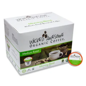 wicked awesome organic coffee box with medium roast k-cups and single serving pod., wicked awesome coffee, boston