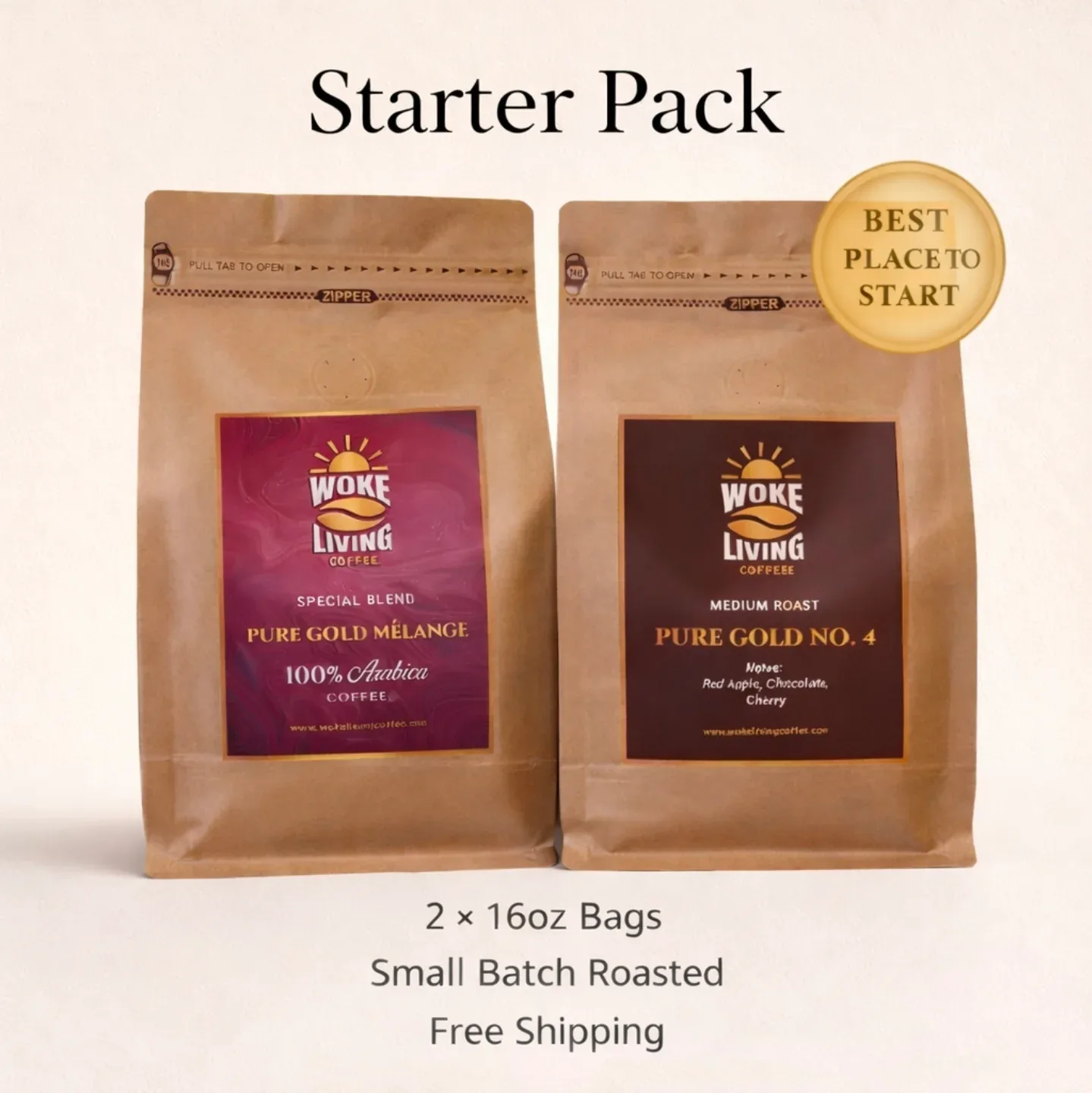 two kraft bags of woke living coffee with pull-tab zippers and colored labels displayed., woke living coffee, raleigh