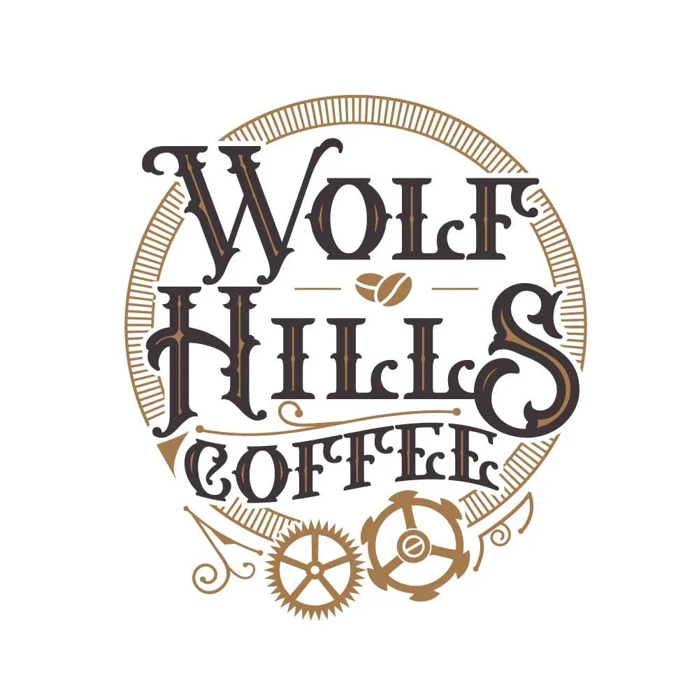 steampunk-styled coffee shop logo with gears and ornate typography design., wolf hills coffee, abingdon
