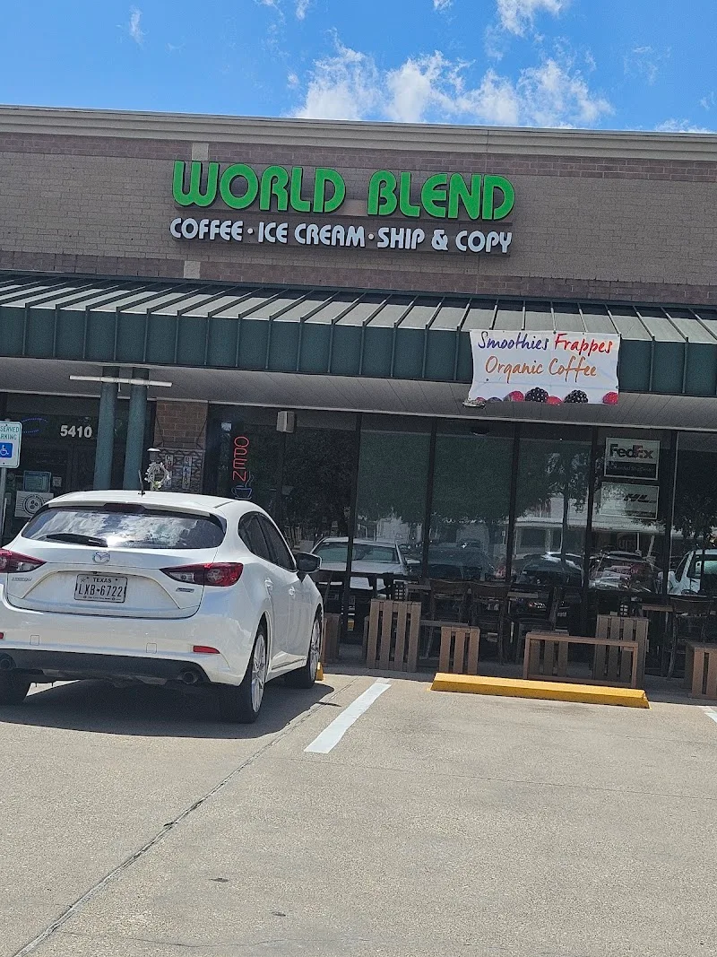 world blend coffee shop storefront with white car parked outside., world blend coffee, texas