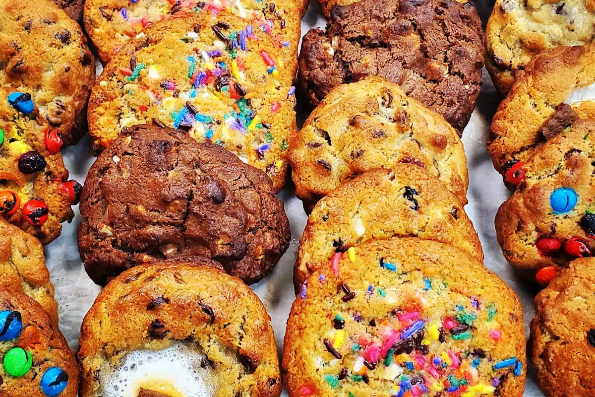 assorted freshly baked cookies with colorful sprinkles and chocolate chips on parchment paper., yummee treats, madison