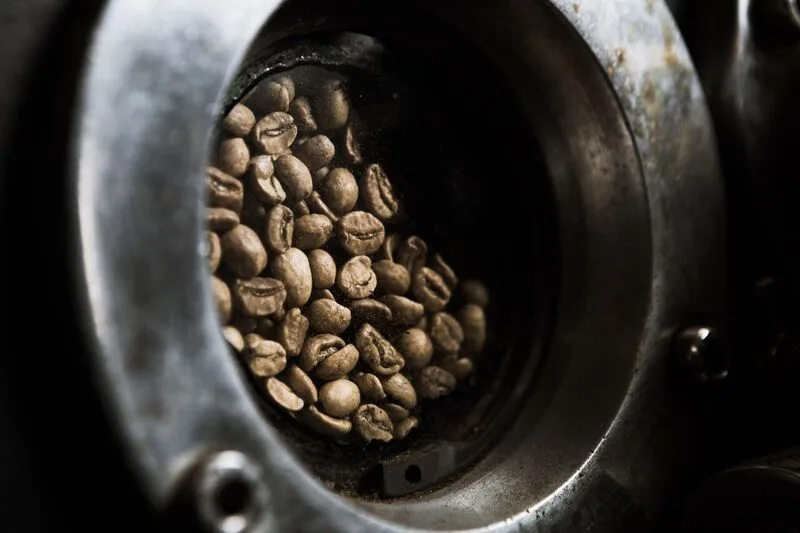 coffee beans in grinder hopper viewed through transparent circular opening., zimmah coffee, hobart